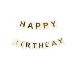 Flagg banner - Happy Birthday Hvit og gull - Bursdag/Fest