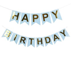 Flagg banner - Happy Birthday  Blå med gull tekst - Bursdag/Fest