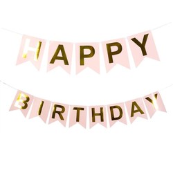 FLagg banner - Happy birthday rosa Rosa med gull tekst - Bursdag/Fest